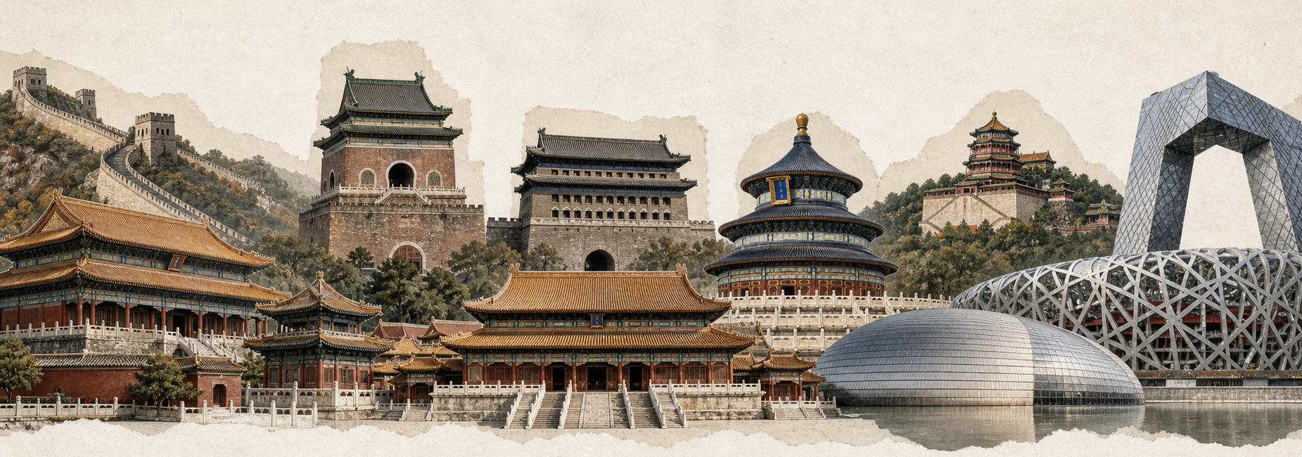由北京十处代表性景点组成的建筑拼贴长卷