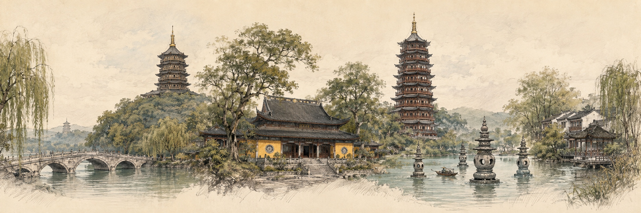 杭州六处代表景点的建筑拼贴长卷