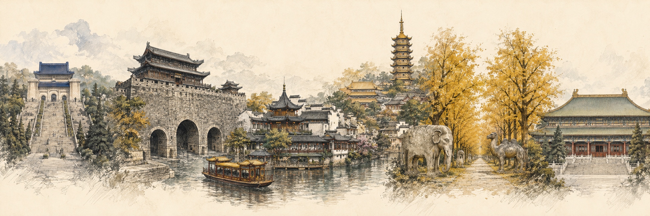 南京六处代表景点的建筑拼贴长卷