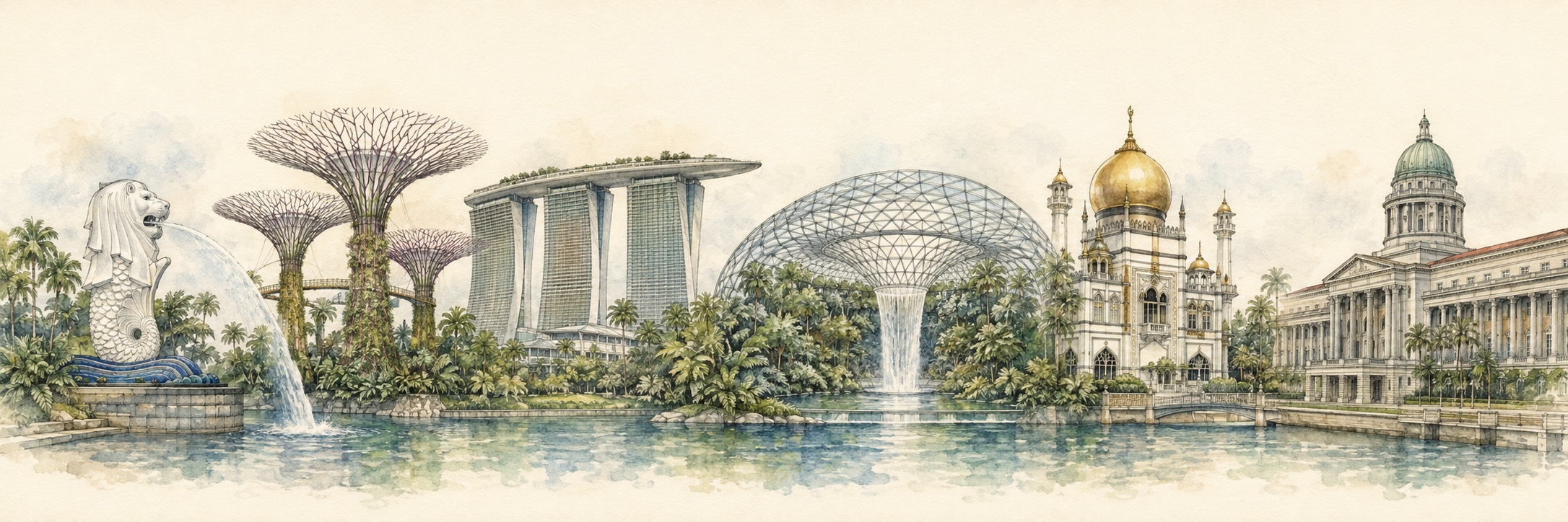 新加坡六处代表景点的建筑拼贴长卷