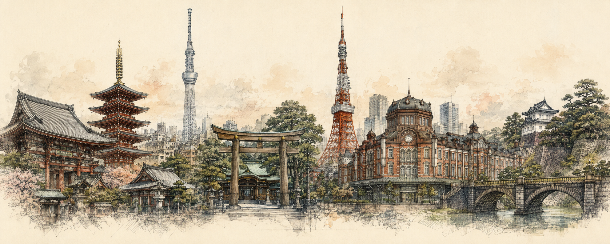 东京六处代表景点的建筑拼贴长卷