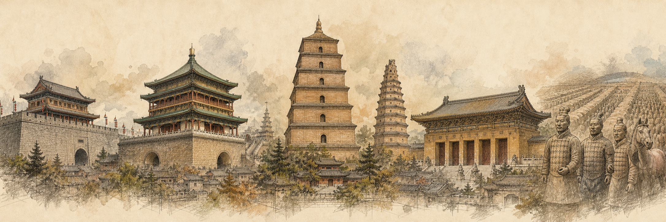 西安六处代表景点的建筑拼贴长卷
